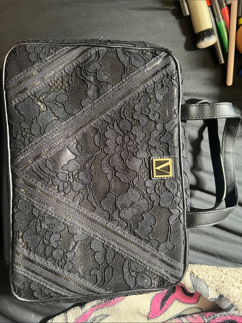 Victoria's Secret Black Lace Wristlet with Gold Logo Accent